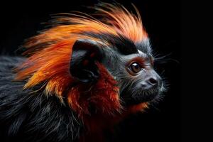 A monkey with orange hair and a black background photo