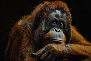 An orangutan is sitting on a black background photo
