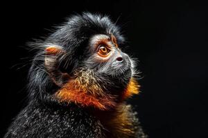 A monkey with orange eyes looking up photo