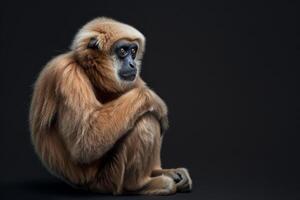 A monkey sitting on the ground with its head down photo