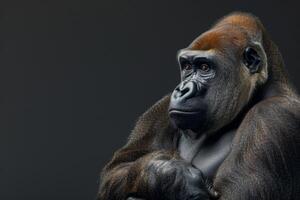 A gorilla is sitting in front of a black background photo
