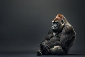 A gorilla sitting down on a black background photo