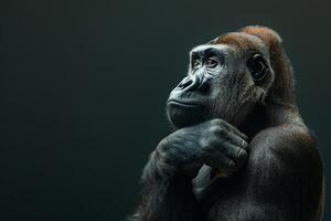 A gorilla is sitting on a dark background photo
