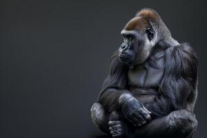 A gorilla sitting down on a black background photo