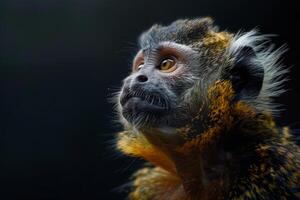 A monkey with a yellow face looking up photo