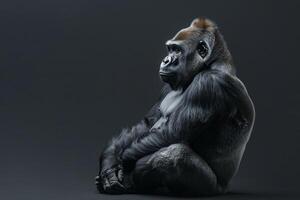A gorilla sitting in the dark on a black background photo