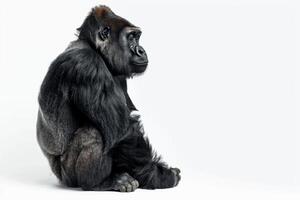 A gorilla sitting down against a white background photo