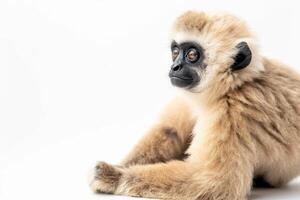 A monkey sitting on the ground with its head turned to the side photo