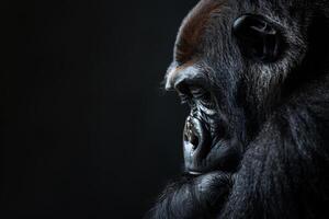 A gorilla is sitting in the dark photo
