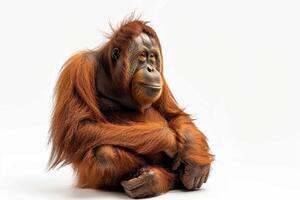 An orangutan sitting down on a white background photo