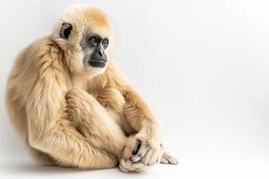 A white - faced gibbon sitting on the ground photo