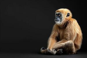 A monkey sitting on the ground with its head down photo