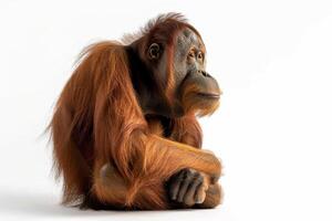 An orangutan sitting down with its head down photo