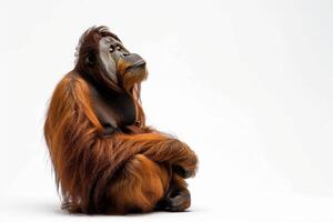 An orangutan sitting in front of a white background photo