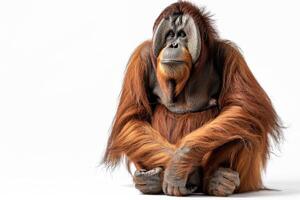 An orangutan sitting down with its hands on its knees photo