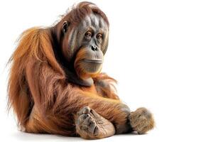 An orangutan sitting down on the ground photo