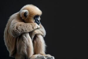 A monkey sitting on a rock with its head down photo