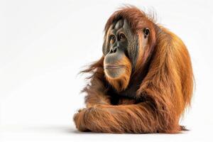 An orangutan sitting down with its head down photo