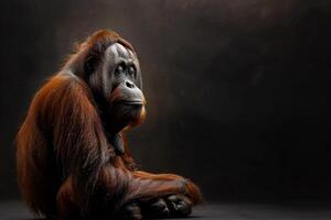 An orangutan sitting in the dark photo