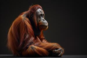 An orangutan sitting down on a black background photo