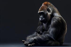 A gorilla sitting down on a black background photo