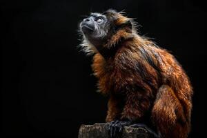 A monkey is sitting on a log looking up photo