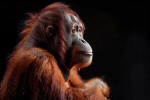 An orangutan is sitting in front of a black background photo