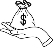 Bag with Dollars on the Palm for Coloring. Money Insurance Symbol. Bank Loan Concept, Sponsorship Donation. Business and Finance. illustration vector