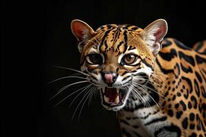An ocelot is shown with its mouth open photo