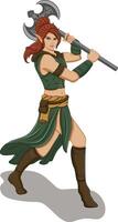 Female Elf Warrior with an Iron Axe. 2D. Game Character. Illustration of an Elf Warrior with a Weapon vector