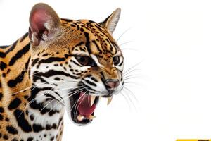 An ocelot is roaring in front of a white background photo
