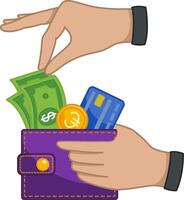 Payment for Purchases from Wallet. illustration of a wallet with dollar bills, gold euro coin, and blue credit card. Business and Finance vector