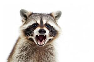 A raccoon with its mouth open and its teeth showing photo
