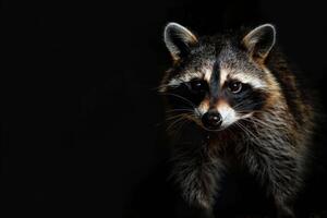 A raccoon is standing in the dark photo
