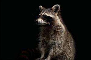 A raccoon is standing in front of a black background photo