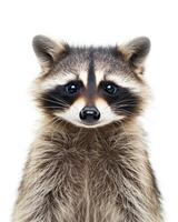 A raccoon is standing in front of a white background photo