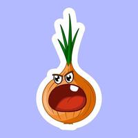 The face of the Evil and Screaming Onion. Sticker Design. Illustration of Funny Cartoon Character vector