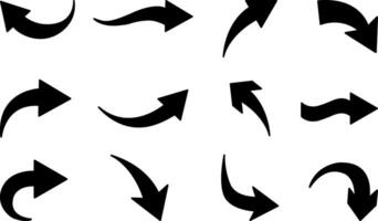 Set of Curved Black Arrows. Different Arrow Icons with Bends in Different Directions. Cursor vector