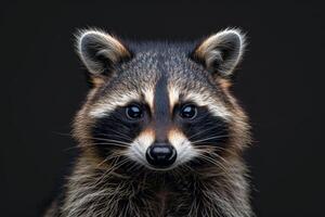A raccoon with blue eyes looking at the camera photo