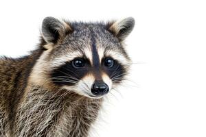 A raccoon is standing in front of a white background photo