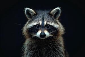 A raccoon looking into the camera on a black background photo