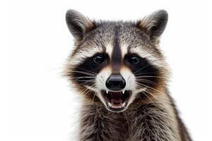 A raccoon is shown with its mouth open photo