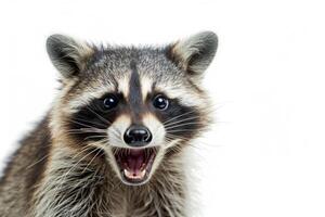 A raccoon with its mouth open on a white background photo