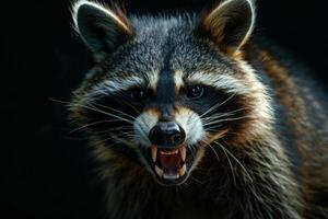 A raccoon with its mouth open and teeth showing photo