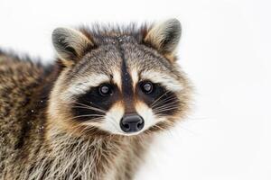 A raccoon is looking at the camera in the snow photo