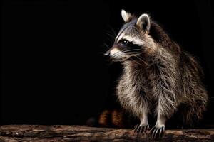 A raccoon sitting on a log against a black background photo