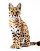 A serval cat is sitting in front of a white background photo