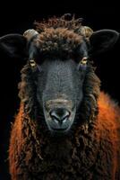A close up of a black sheep with yellow eyes photo