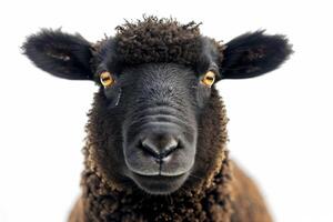 A close up of a black sheep with yellow eyes photo
