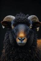 A black sheep with big horns on a black background photo